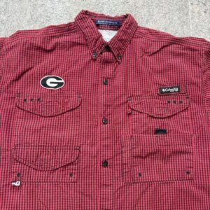 Georgia Bulldogs Columbia PFG Bonehead Fishing Shirt Men L Red Short Sleeve